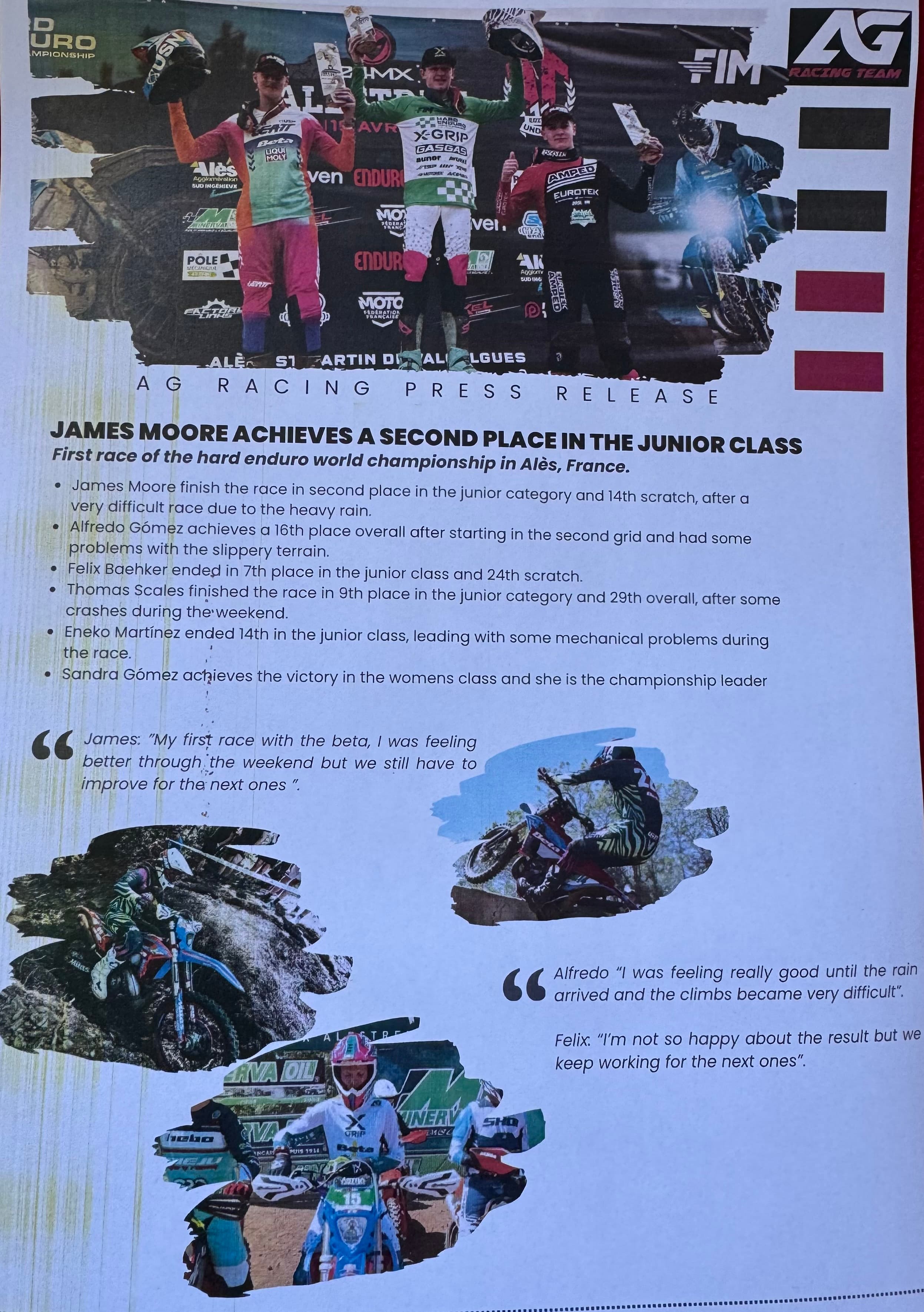 Pressemitteilung des AG Racing Teams mit Fotos von Podiumsplatzierungen und Fahrern in schlammigem Enduro-Gelände.